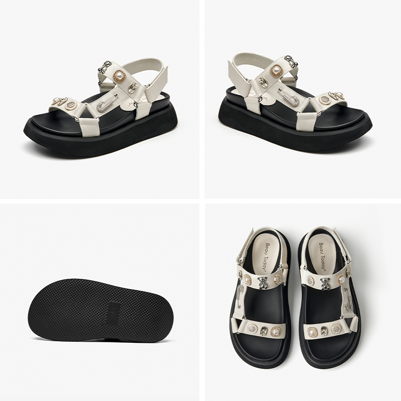 BEAUTODAY Appliques Sandals Women Genuine Cow Leather Front & Rear Strap Hook & Loop Novelty Summer Ladies Shoes Handmade 34583