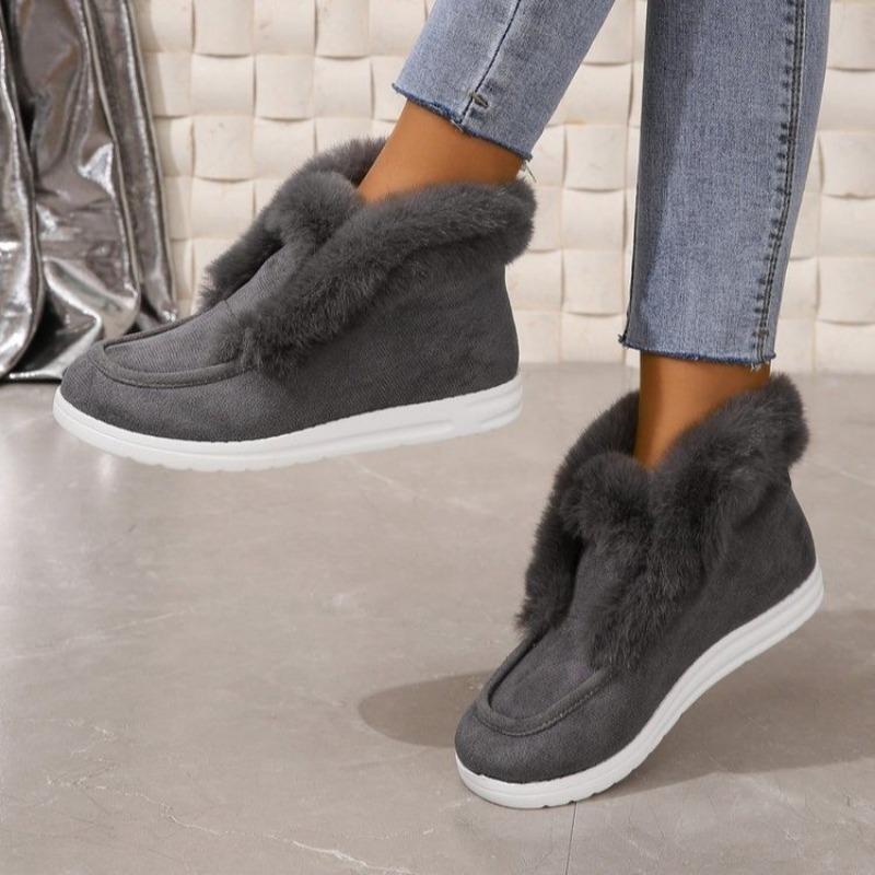 Ankle Grey Women Winter Warm Plush Fur Snow Boots Suede Leather Shoes Ladies Slip on Comfortable Female Footwear 082c