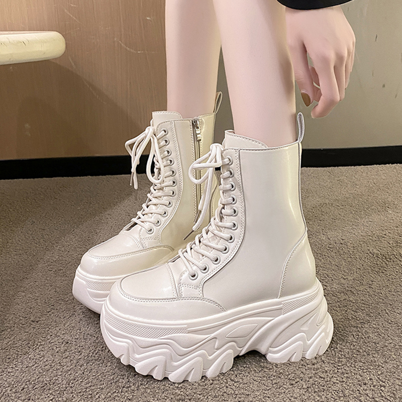 Super Punk High Platform Women Chunky Heels Lace Up Motorcycle Boots Woman Black White Thick Bottom Ankle Booties Female cd56