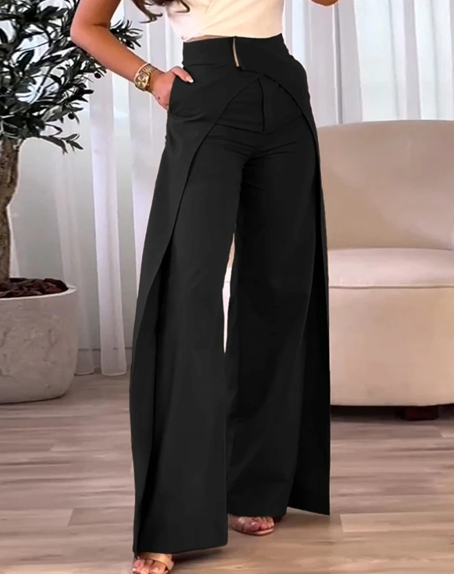 Fashion Womens Elegant High Waist Overlap Asymmetrical Wide Leg Pants Female Trouser Casual Bottom Z260314