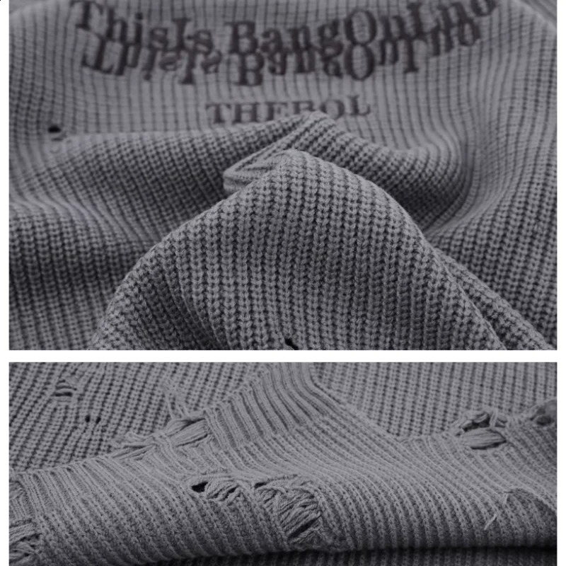 Letter Embroidery Retro Lazy Style Knitted Sweater Y2K Fashion Mens High Street Tear Hole O-Neck Puller 240829