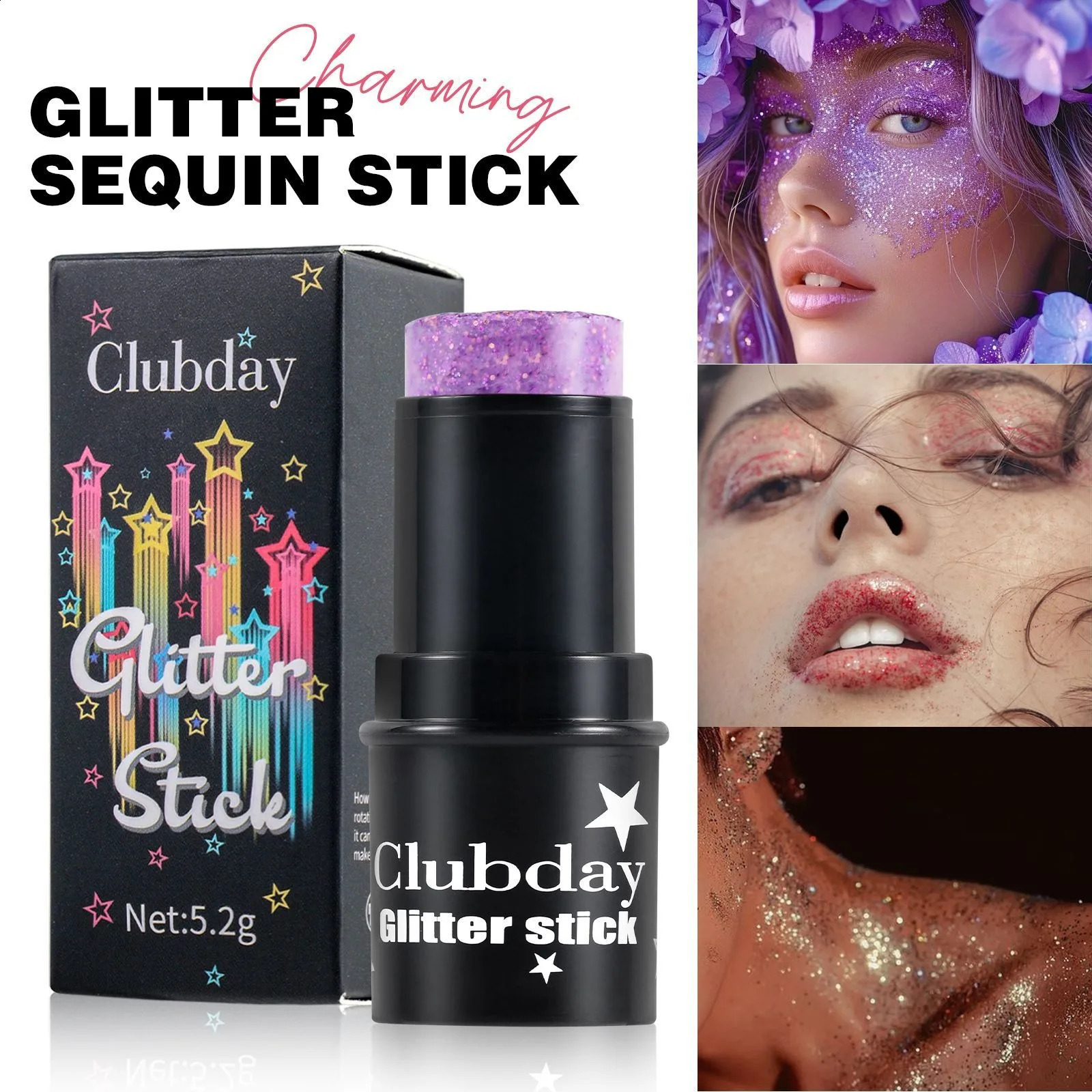 Purple glitter sequins stick multi-function face lip hair sequins body eye shadow gel music festival stage makeup decoration tools 240829