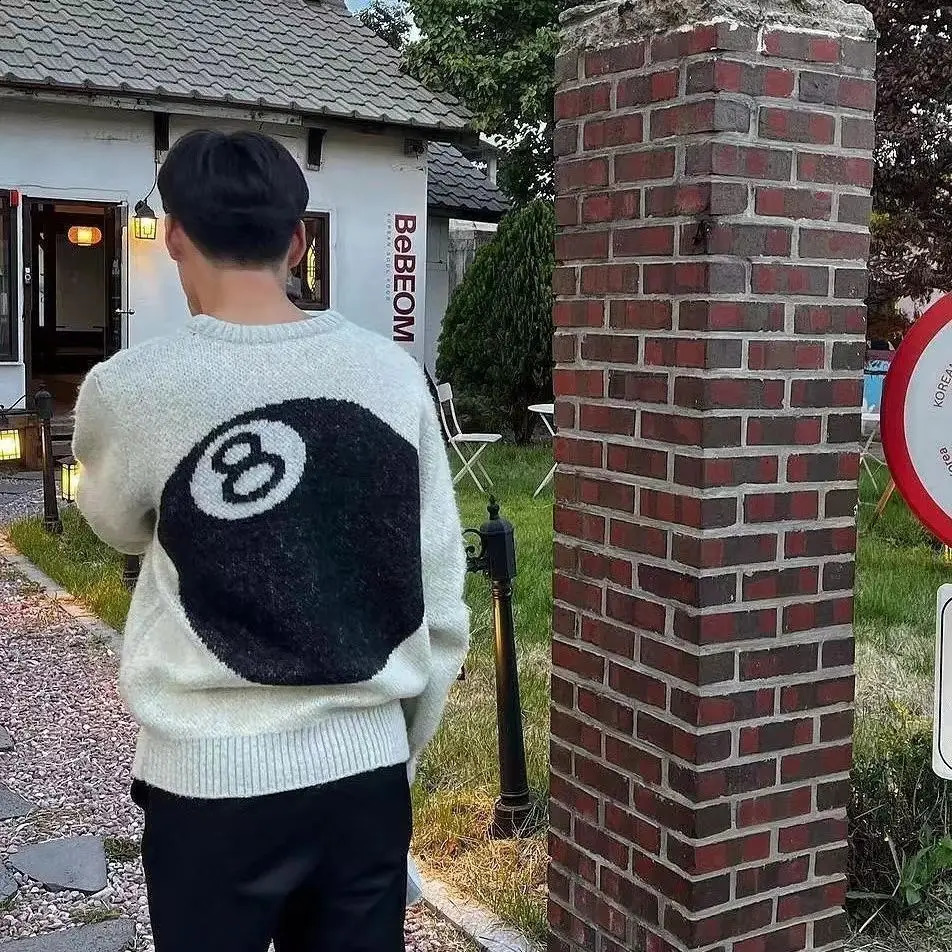 Black Eight Billiards Sweater Mens High Street Pullover American Knitted Sweater Lazy Knitted Couple Clothing 240829