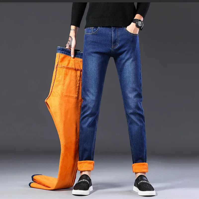 Winter Men Warm Thermal Brushed Cowboy Grey Jeans High Quality Male Fleece Stretch Slim Fit Pants Thick Velvet Trousers 240826Z