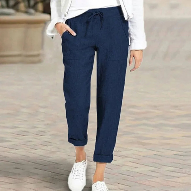 Lucyever Casual Cotton Linen Pants Women Spring Summer High Waist Elastic Ankle-Length Pants Female Solid Pockets Harem Trousers 240829