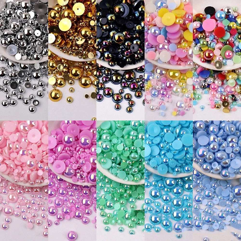 240pcs/bag color semi-circular flat back pearl accessories mixed size (3-10mm) for nail art decoration ABS imitation pearl beads W240829