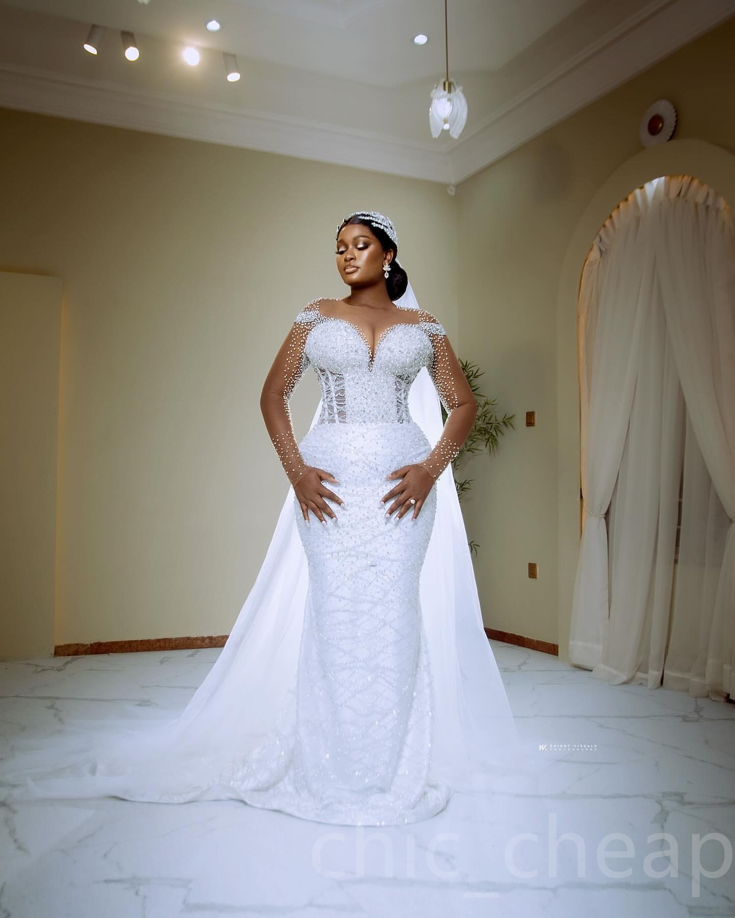 2024 Arabic Aso Ebi Plus Size Ivory Mermaid Wedding Dresses Beaded Sheer Neck Beaded Detachable Train Bridal Gowns Dress vestidos de novia ZJ515