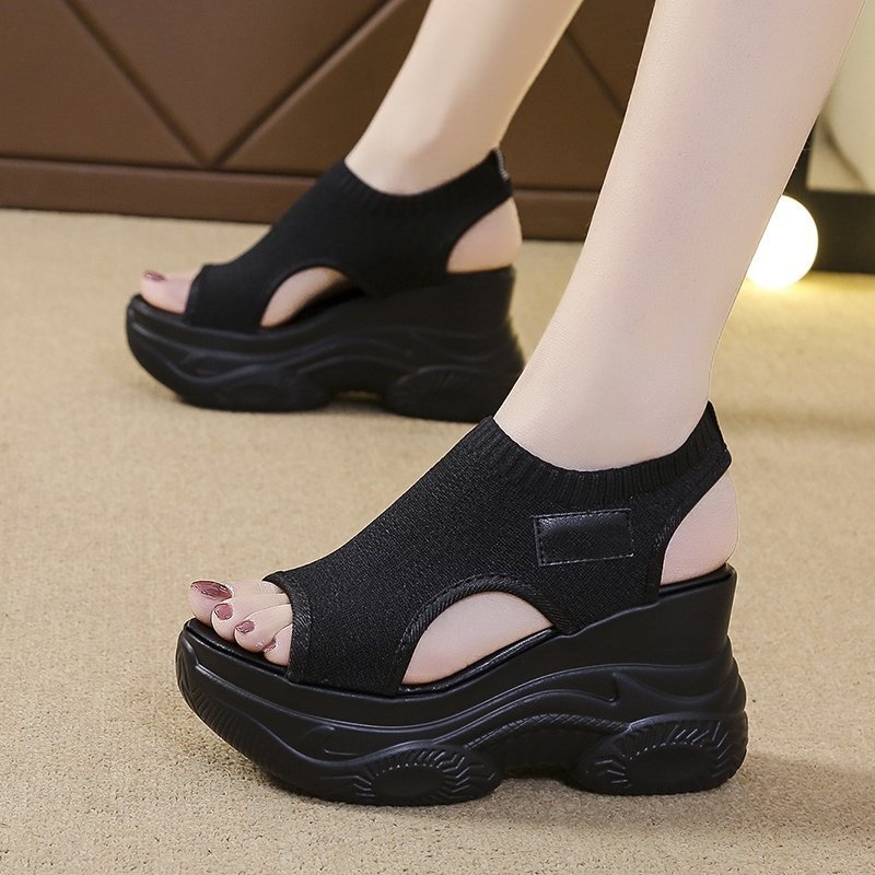 2024 Summer New Knitted Fish-mouth Shoes Fairy Wind Cake Sole High Heel Flying Weave Slope Heel Thick Sole Sports Women's Sandal