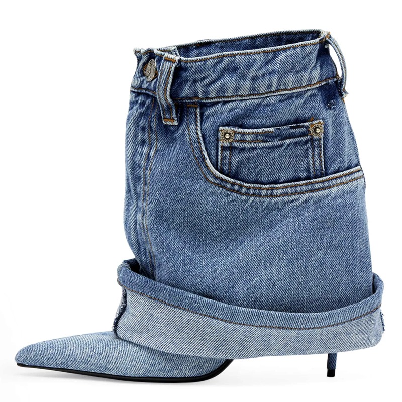 Blue Denim Slim Cuffed Short Rivet Pocket Design Pointed Toe Metal Buckle High Heel Fashion Large Size 45 Women Boots