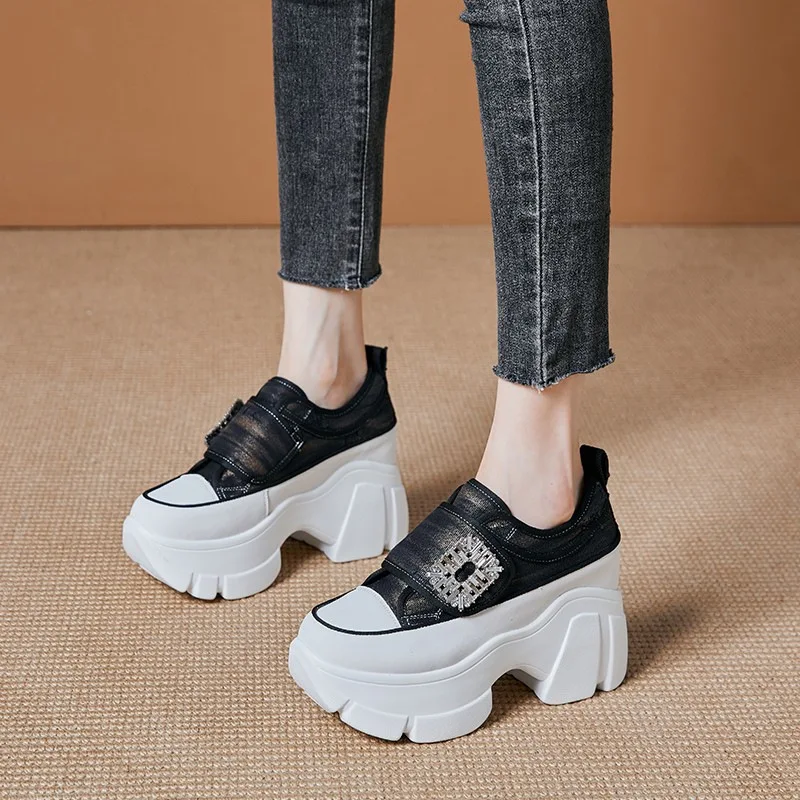 Denim Platform Women's Canvas Shoes 7cm Platform Women Casual Sneakers Luxury Rhinestone Square Buckle Ladies Vulcanized Shoes