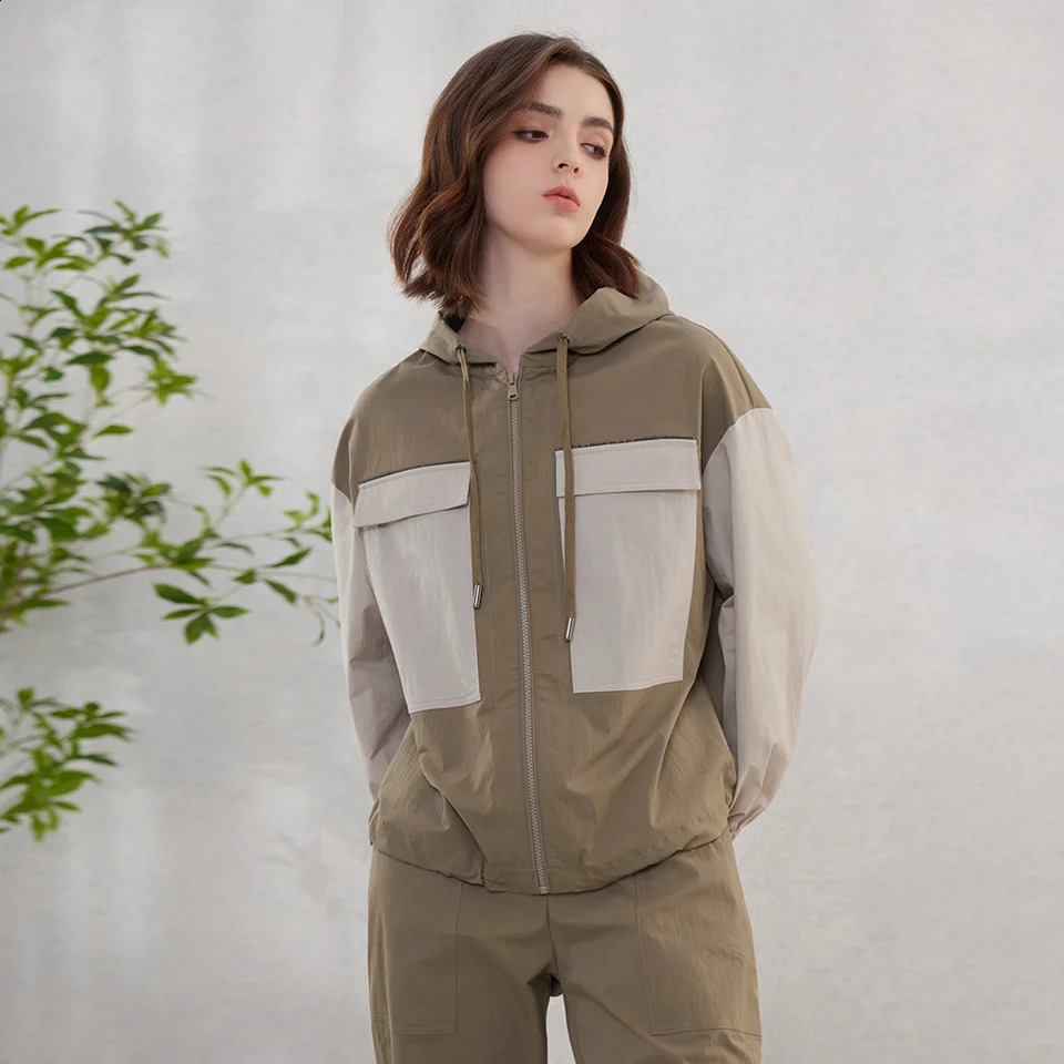 K1715L boutique contrasting color pocket long sleeved zipper top womens clothing hooded sweatshirt sports shirt 240827