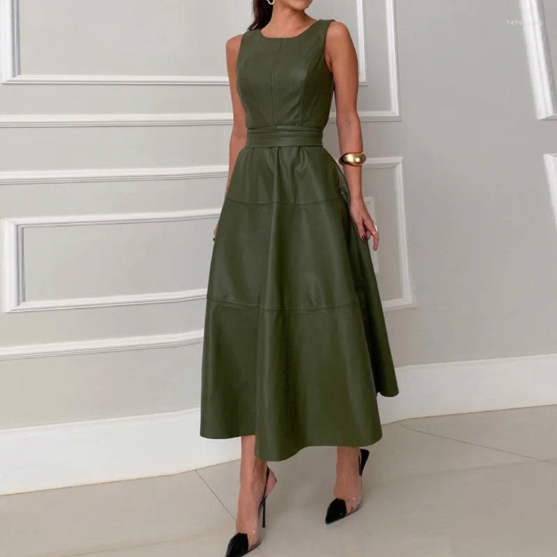 Casual Sleeveless Leather Patchwork Maxi Dress For Women - Spring/Summer Collection