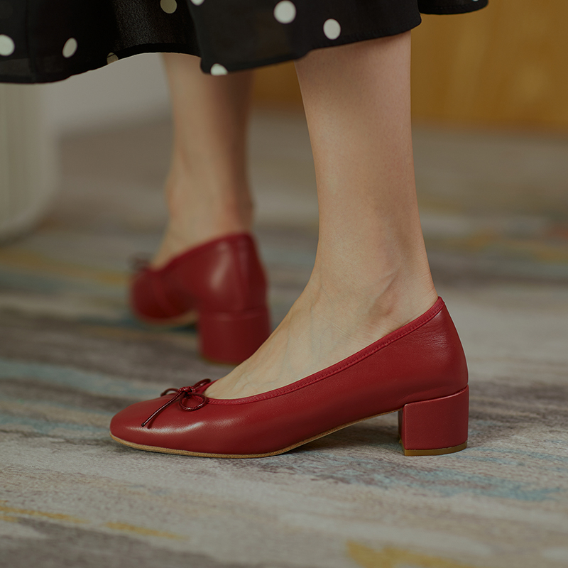 2024 Genuine Leather Women Shoes Fashion Butterfly-knot Spring and Autumn Pumps Slip-On Casual Shoes Chunky Heel Size 34-40