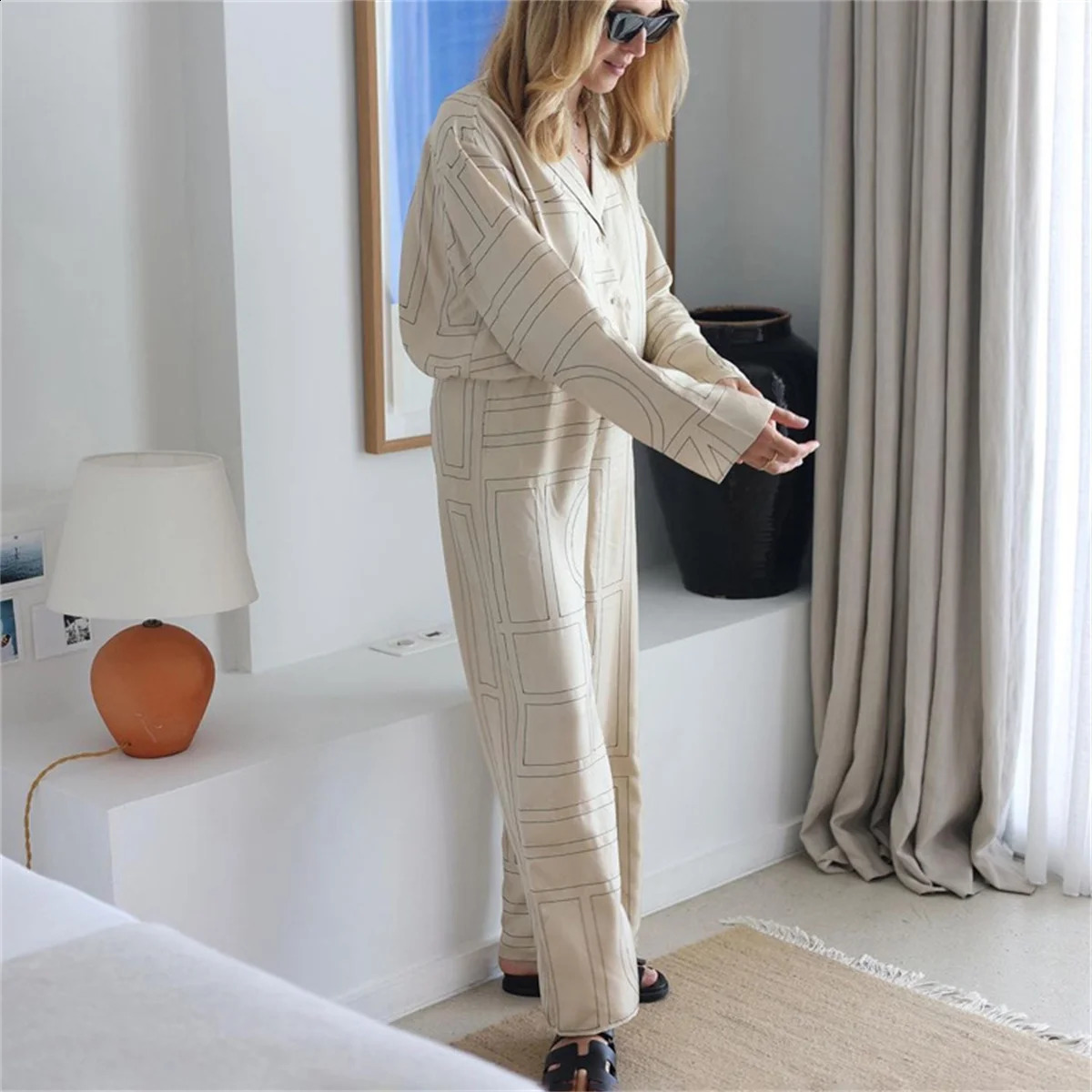 Fashion Letter Printing Pants Suit Loose Turn Down Collar Shirts Wide Leg Pant Sets 2024 Casual Autumn Summer 2 Piece Set In 240829
