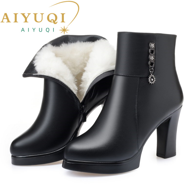Women's Winter Boots High Heel 2024 New Genuine Leather Fashion Platform Women's Short Boots Shiny Office Women Ankle Boots