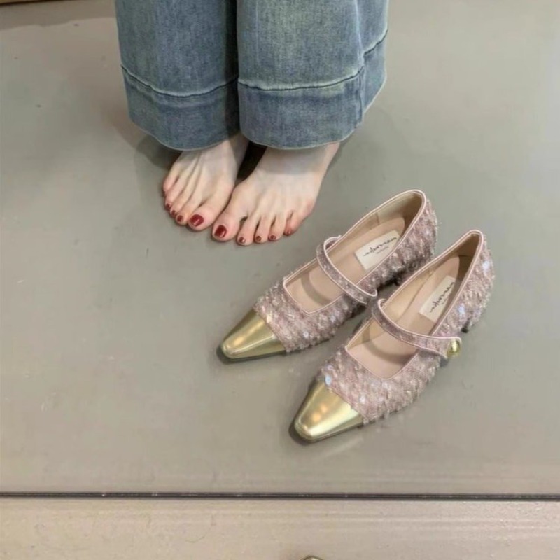 Gold Toe Costume Mary Jane Pumps Women, Plaid Tweed Designer High Heels Shoes for 2024 Spring Autumn