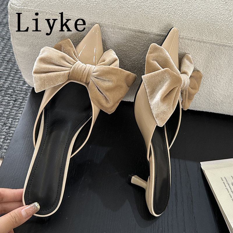 Liyke 2024 Spring New Brand Women Pumps Slipper Sexy Bowknot Pointed Toe Slip On Ladies Mules Thin Low Heels Dress Sandal Shoes