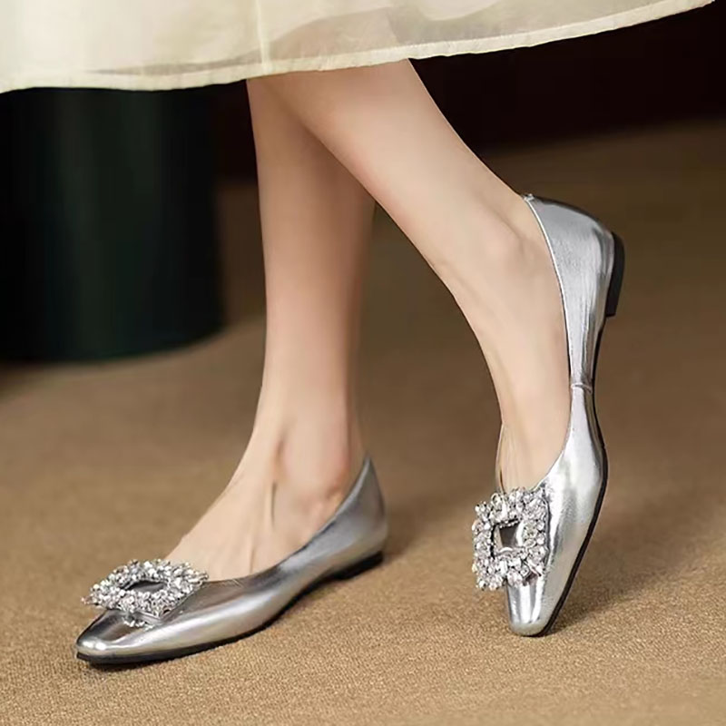 New Women's Flats Bling Boat Shoes Square Toe Slip on Gold Flat Shoes Sliver Rhinestone Wedding Shoes Zapatos Mujer Autumn 1336N