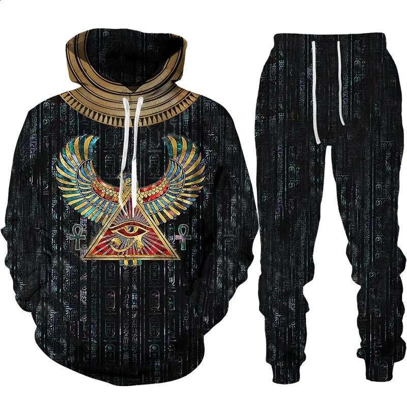 Ancient Horus Egyptian style 3D printed track suit set mens hooded sweatshirtpants 2-piece set oversized casual streetwear zipper clothing 240829