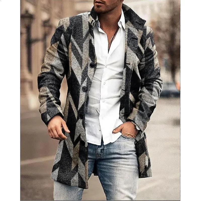 Autumn and winter mens wool stand collar mid length pocket casual jacket mens jacket 240829