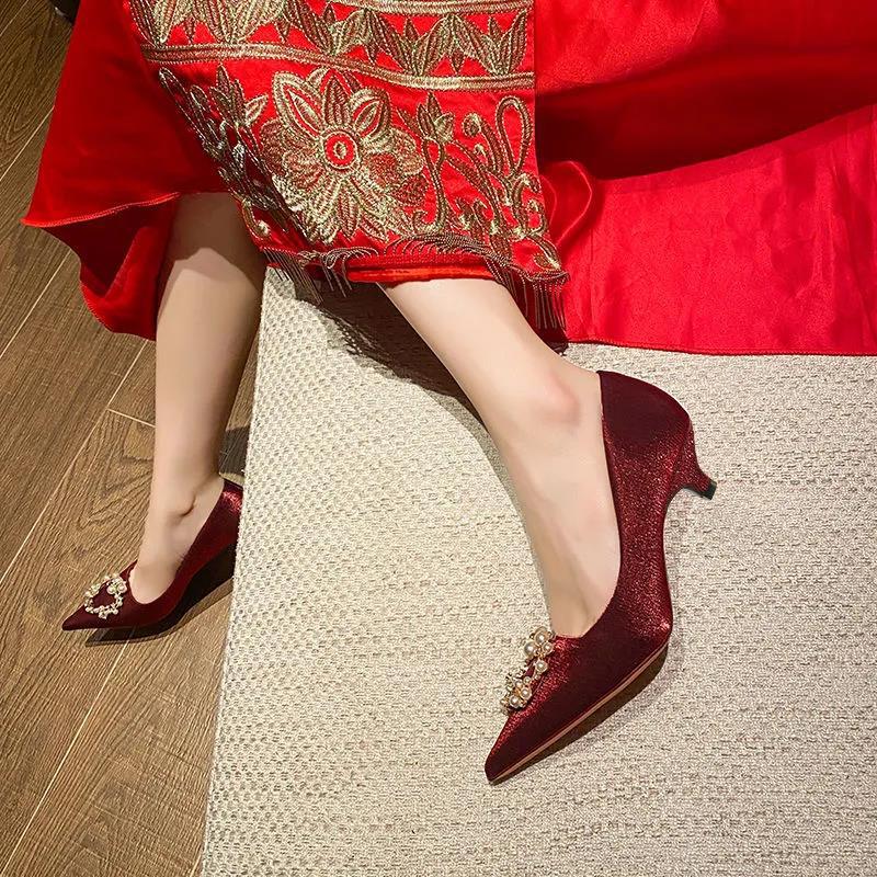 crown 2d0fe heels med-high woman beading green silk pumps designer party/wedding shoes 41 42 plus size pearl buckle tacon