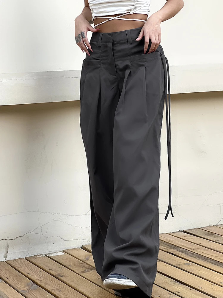 HEYounGIRL Casual Wide Leg Women High Waist Street Basic Slacks Loose Sweat Trousers Korean Retro Gray Office Lady Pants Z260314