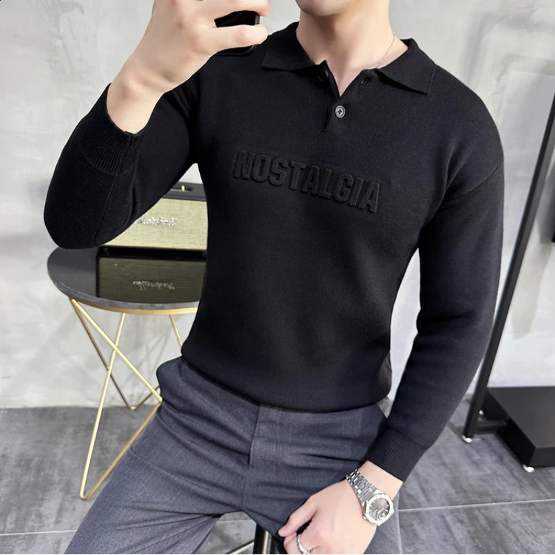 mens lapel long sleeved knitted sweater/mens slim fit fashionable long sleeved zipper mens letter printed sweater 3XL 240829