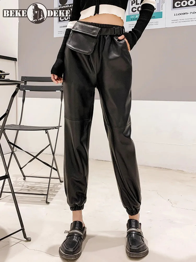 Womens genuine leather pants ner elastic high waisted fashionable commodity real street clothing punk casual sheepskin harem 240827