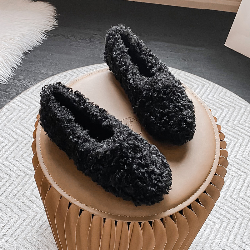 8e2ec 2023 Winter Fur Flat shoes woman round toe warr plush cotton moccasins female lambwool flats slip on furry loafers big size 42
