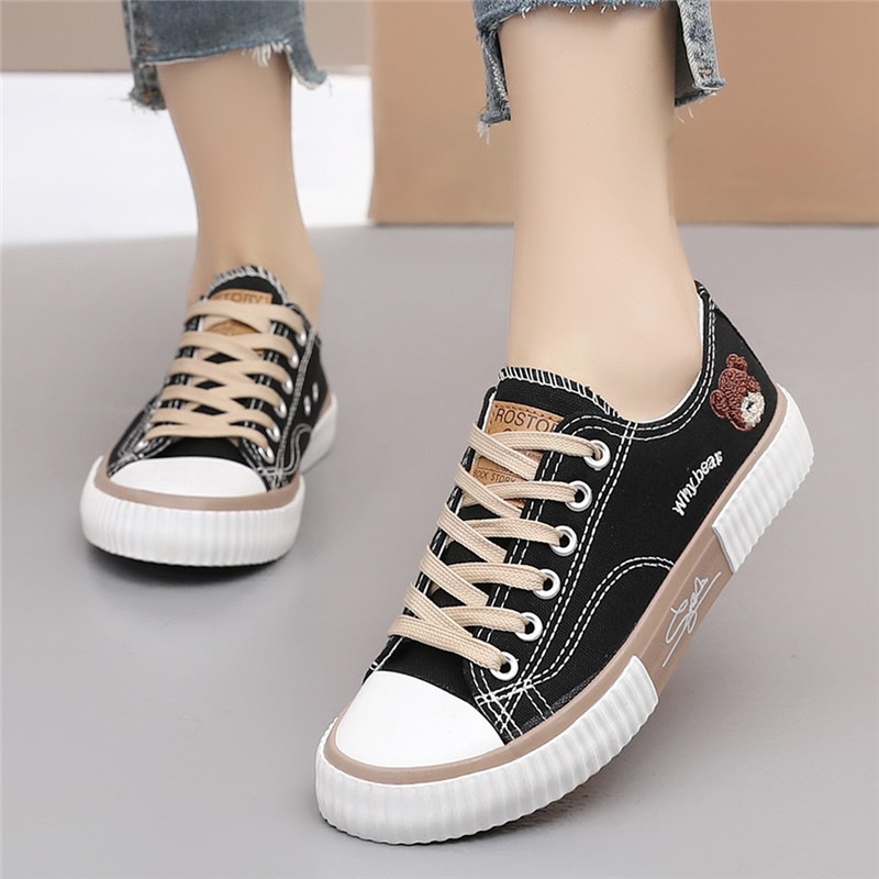 Summer Bear Canvas Shoes Women Korean Breathable Casual Sport Fashion Lace Up Flat Tennis Sneakers Female Vulcanized