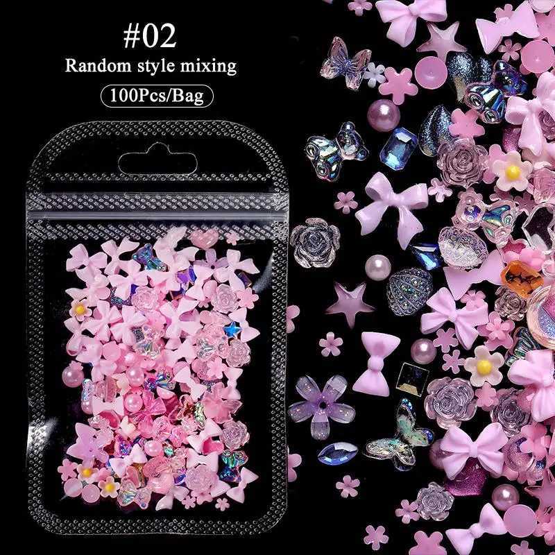 100 pieces of 3D resin pink purple nail charm flower center bear mixed nail art decoration Kawaii pink ribbon bow DIY nail parts W240829