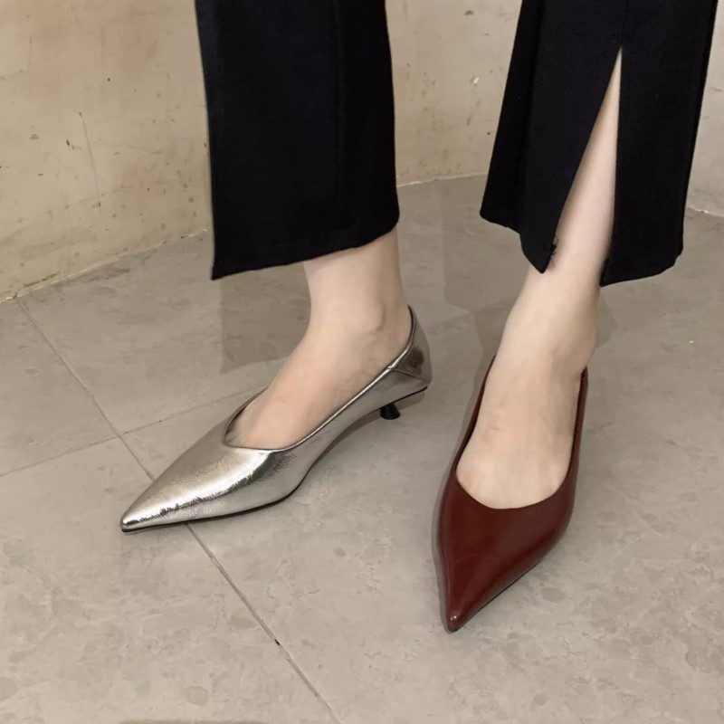 New Women's Boat Shoes Pointed Toe Pumps Kitten Heel Dress Shoes Silver Office Work Shoes for Female Black Spring Autumn 1579N