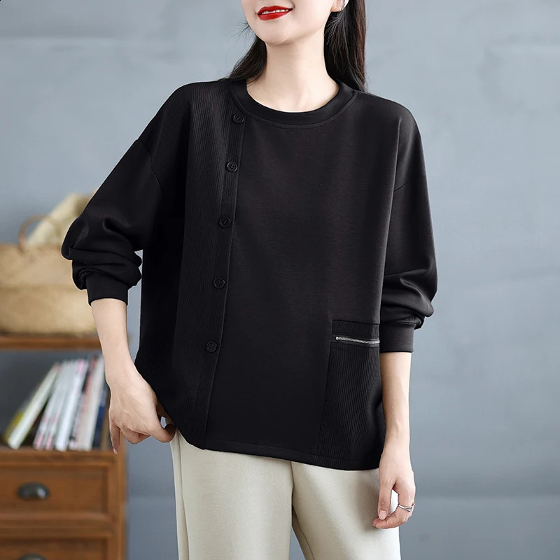 solid color floral loose long sleeved checkered sports shirt for womens autumn straight Oneck streetwear patch work retro top 240827