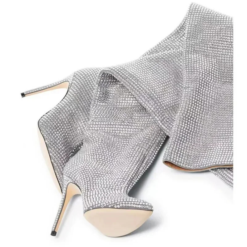 High Quality European And American Knee Length Rhie Pile For Women's Sexy Slim High Heeled Pointed Runway Boots