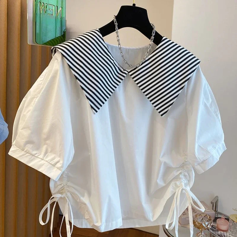 Korean Fashion Blouses Striped Contrast Color Draw String Peter Pan Collar Shirts Summer Short Sleeve Casual Loose Women Tops 240830
