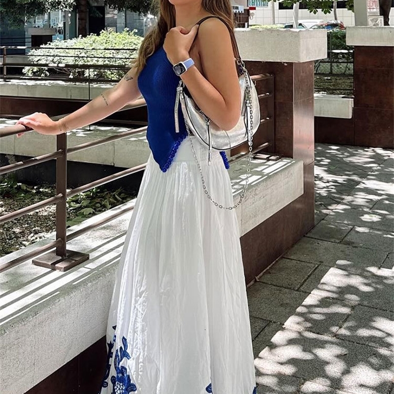 TRAFZA Womens 2piece Blue Embroidered Single Piece Loose ShirtUnique High Waist Folded Street Skiing Clothes 240829