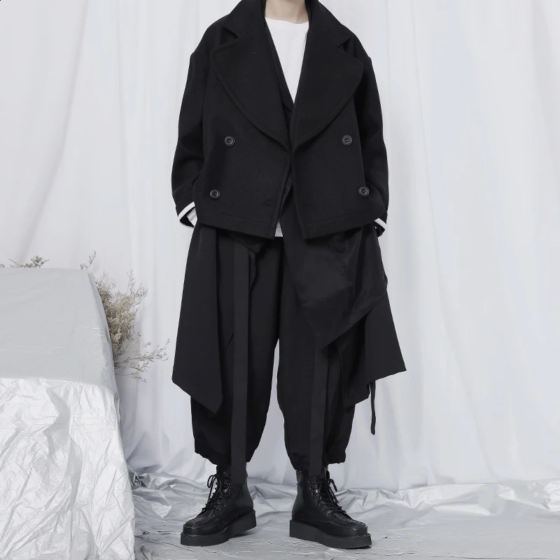 Mens black short wool coat Japanese loose double-layer fashion trend large-sized wool coat 240829