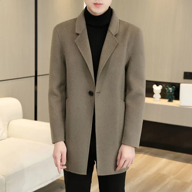 Mens 70 Wool Double sided Coat Autumn/Winter Handsome Hand sewn High quality Medium length Wool Coat 240829