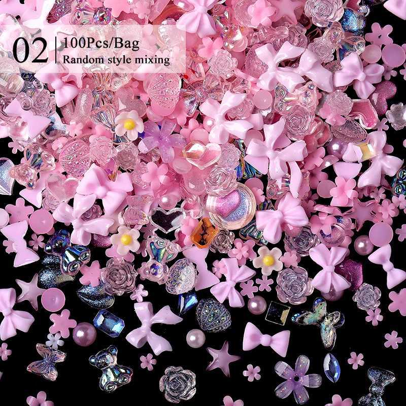 100 pieces of 3D resin pink purple nail charm flower center bear mixed nail art decoration Kawaii pink ribbon bow DIY nail parts W240829