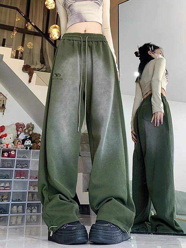 Zoki Vintage Y2K Sports Pants Womens Harajuku Street Clothing High Waist Letter Trouser Autumn American Casual Lace Bf Hip Hop 240827