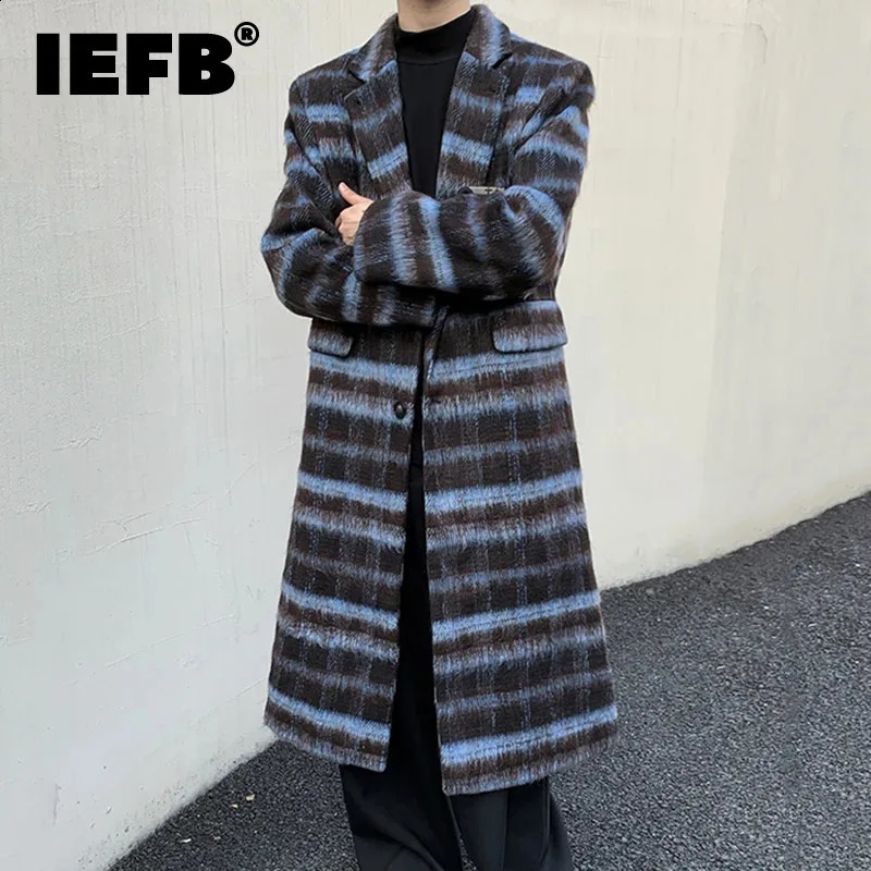 IEFB contrasting color mens coat Korean fashion lapel flat bottomed casual mens long wool coat trend winter chic 9C3923 240829