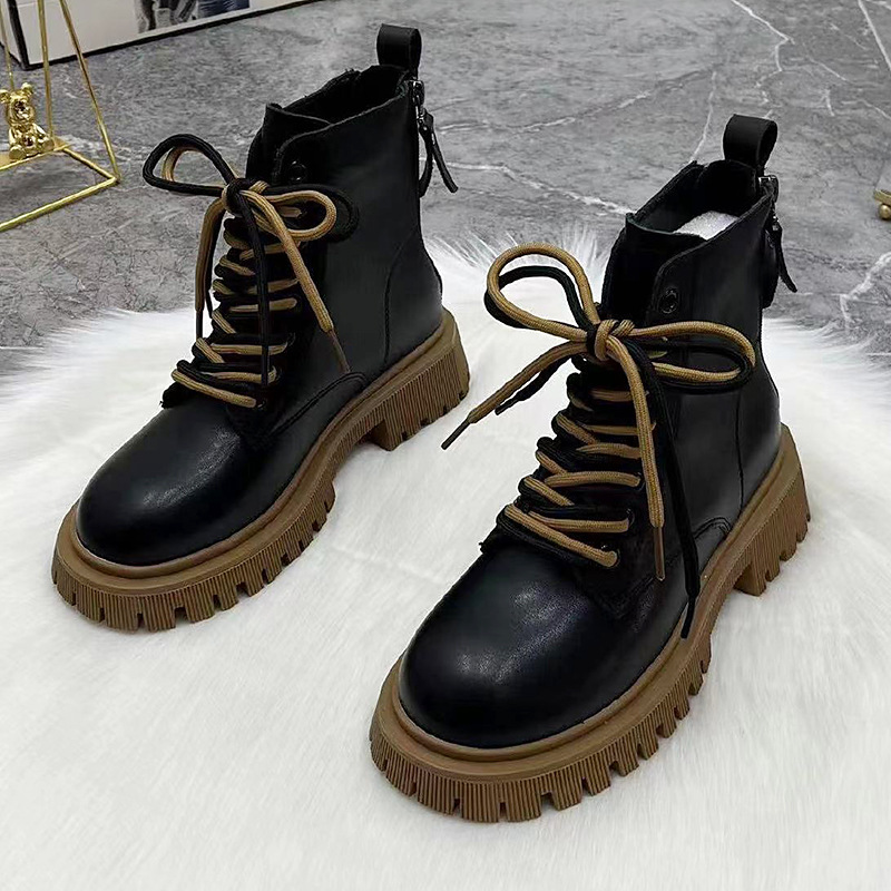 Winter Chunky Women Shoes PU Leather Plush Ankle Boots Black Female Autumn Fashion Platform Booties 5228