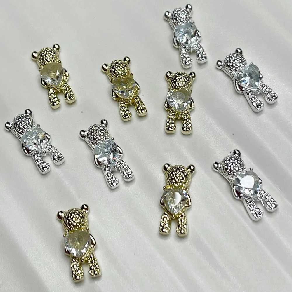 10 pieces of gold/silver bear nail art 3D charm cute rhinestone metal alloy processing design nail accessories decoration JE1009 W240829