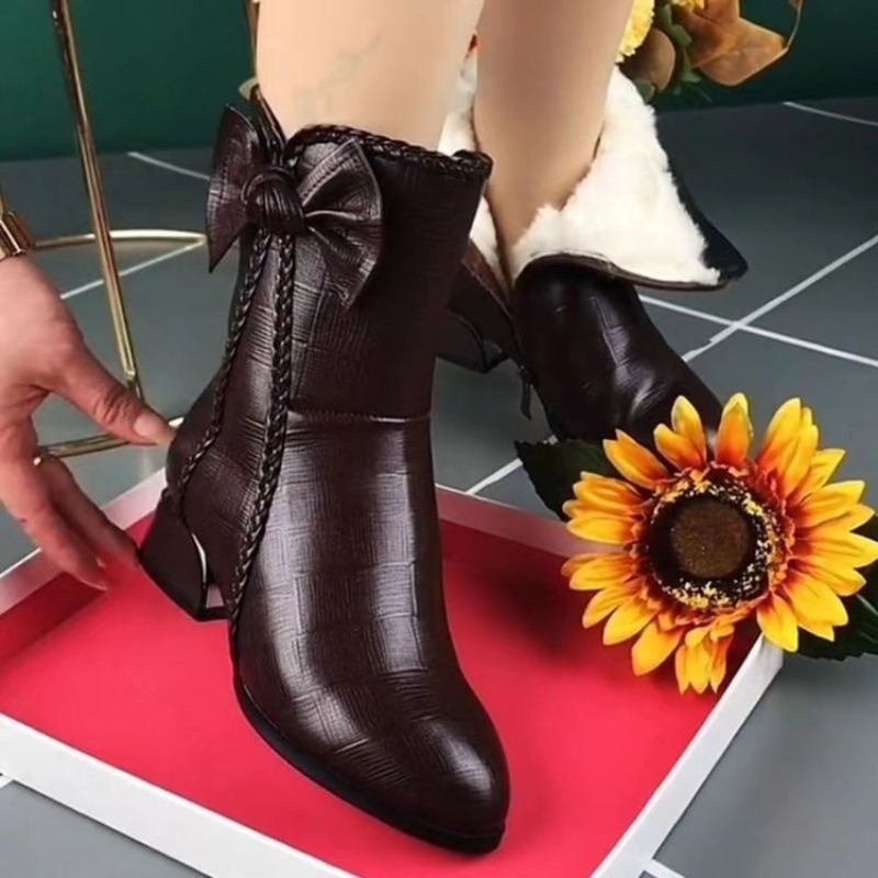 for Cowboy Women High-top Faux Leather Winter Shoes Retro Womens Boots Heeled Ankle Boot Western Warm Plush Botas De Mujer 3862 s