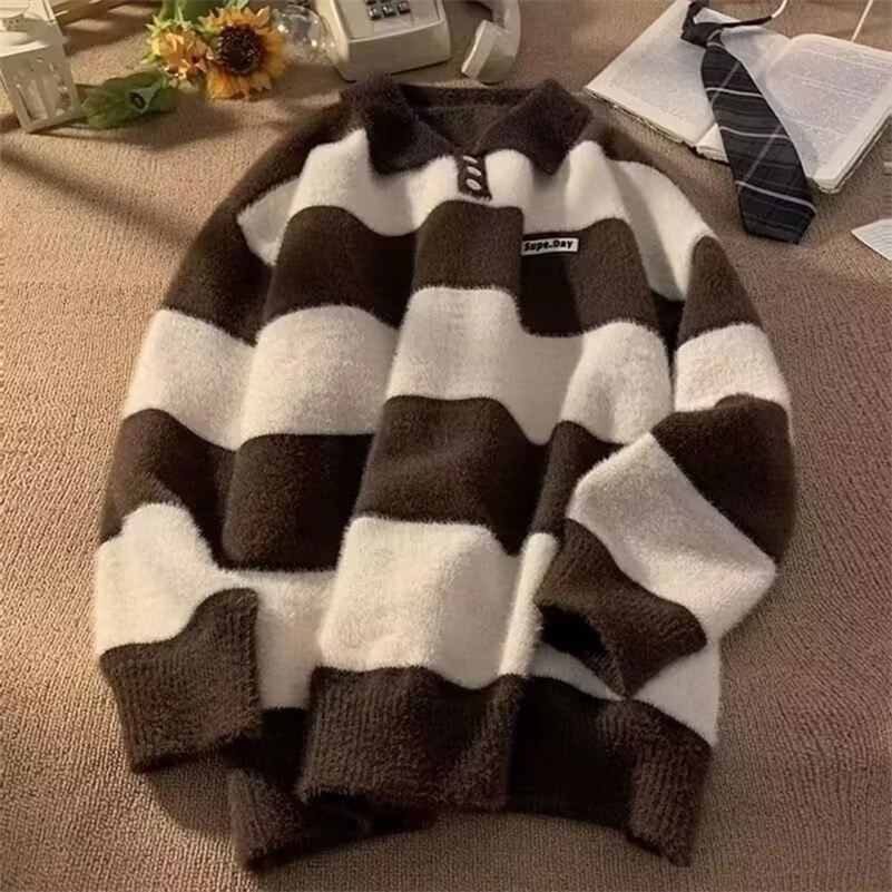 Mens sweater collar n winter warm knit top loose fit striped print lazy style for couples autumn knit pull-out 240829