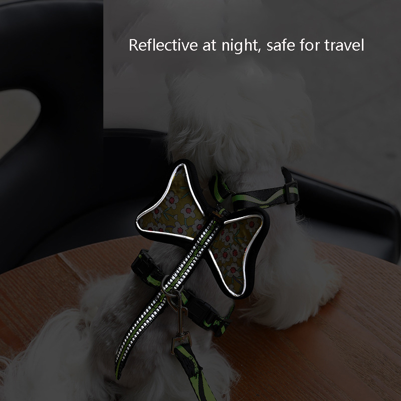 Pet Harness and Leash Set Vest Style Printed Cat & Small Dog Safety Anti-breakaway Harness and Leashes with Cute Bow Decoration