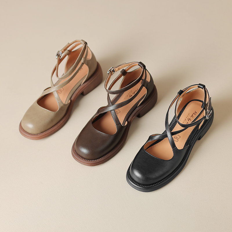 Genuine Leather Mary Jane Sandals for Women Cross-Tied Buckle Design Cowhide and Pigskin Comfortable Summer Flats Stylish Everyday Shoes