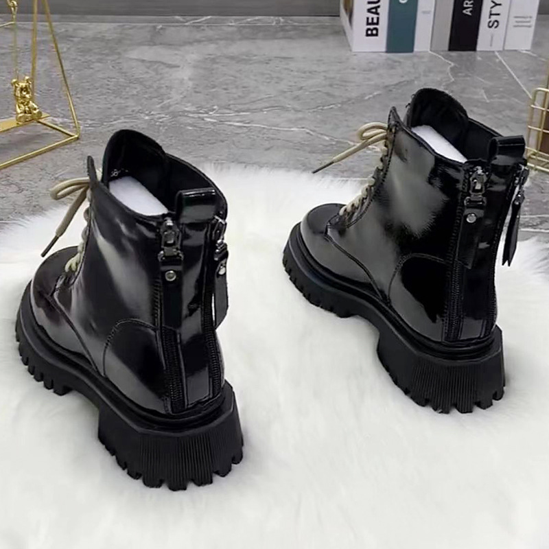 Winter Chunky Women Shoes PU Leather Plush Ankle Boots Black Female Autumn Fashion Platform Booties 5228