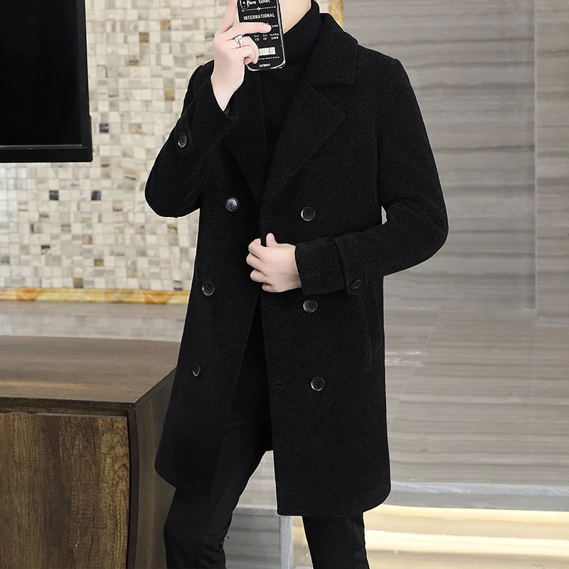 Autumn Winter Mens Wool Coat Solid Color Medium Length Windproof Jacket Business Casual Coat Thick Warm Trench Jacket 240829
