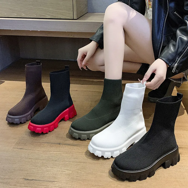 Autumn Women 2023 New Platform Breathable Knitted Elastic Wedges Soc Bottom Thick Heel Ankle Boots Woman 2f61